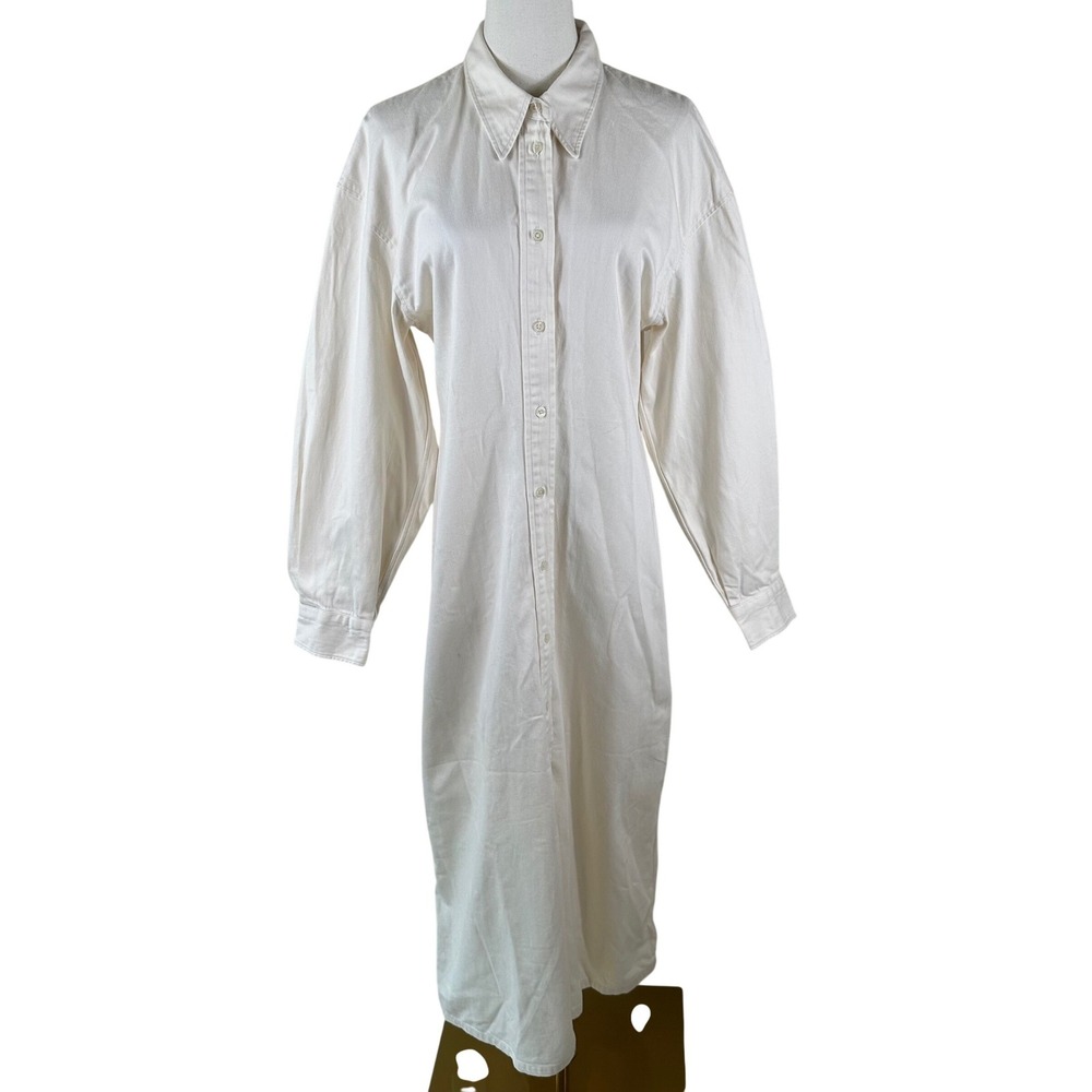 Uniqlo U Denim Shirt Dress NWT Women L Off White Balloon Sleeve Cinched Waist